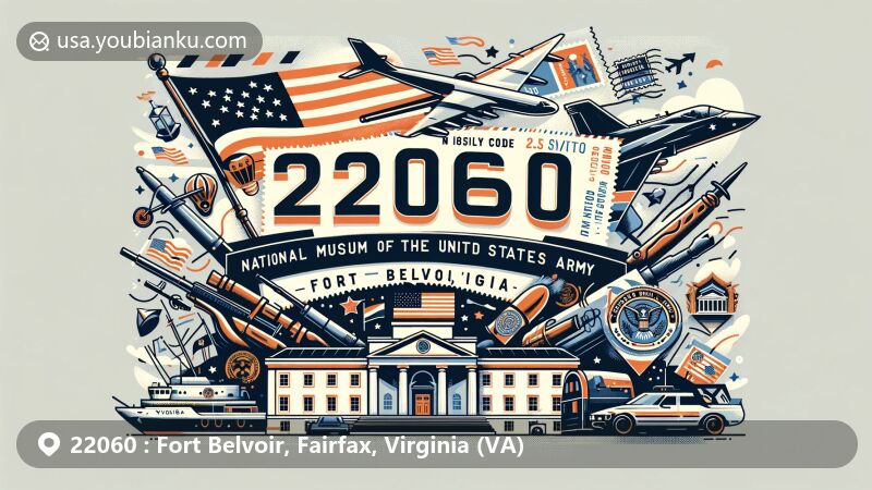 Modern illustration of Fort Belvoir, Fairfax County, Virginia, showcasing military significance and cultural symbols, including the National Museum of the United States Army and Virginia state flag.