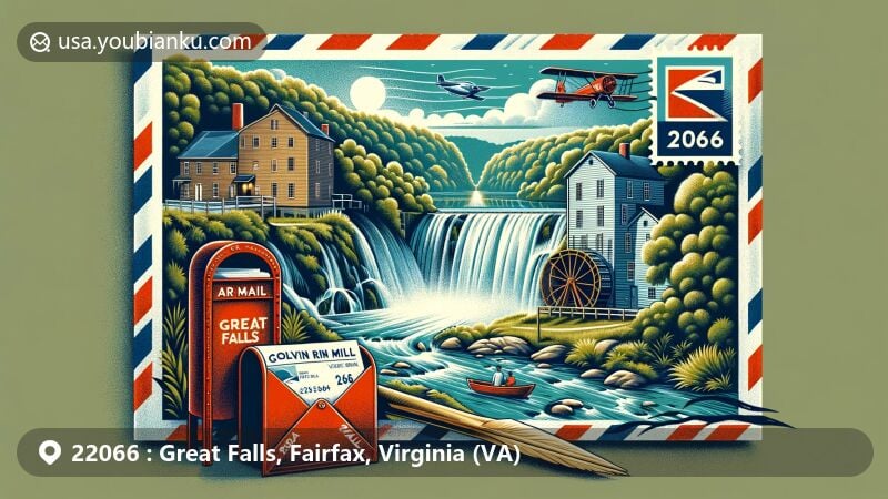 Modern illustration of Great Falls, Fairfax County, Virginia, highlighting postal theme with ZIP code 22066, featuring Colvin Run Mill and Riverbend Park.