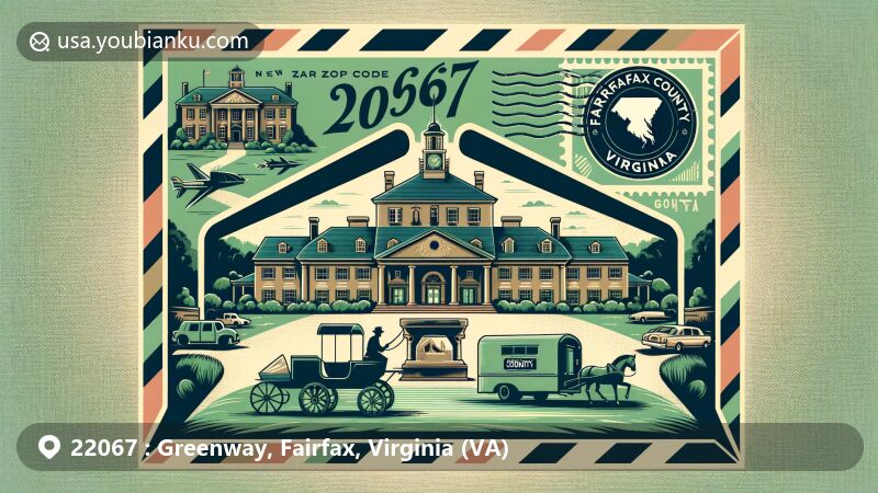 Modern illustration of Greenway, Fairfax County, Virginia, highlighting historic Greenway Court estate and postal theme with ZIP code 22067, integrating local landmarks and Fairfax County map silhouette.