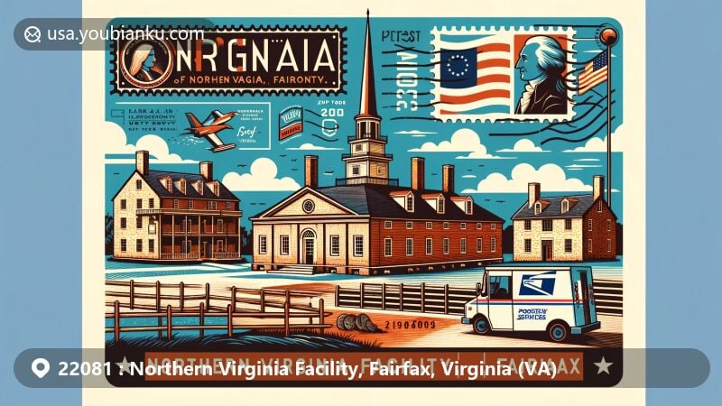 Modern illustration of Fairfax, Virginia, showcasing postal theme with ZIP code 22081, featuring Sully Historic Site, Gunston Hall, and Virginia state symbols.