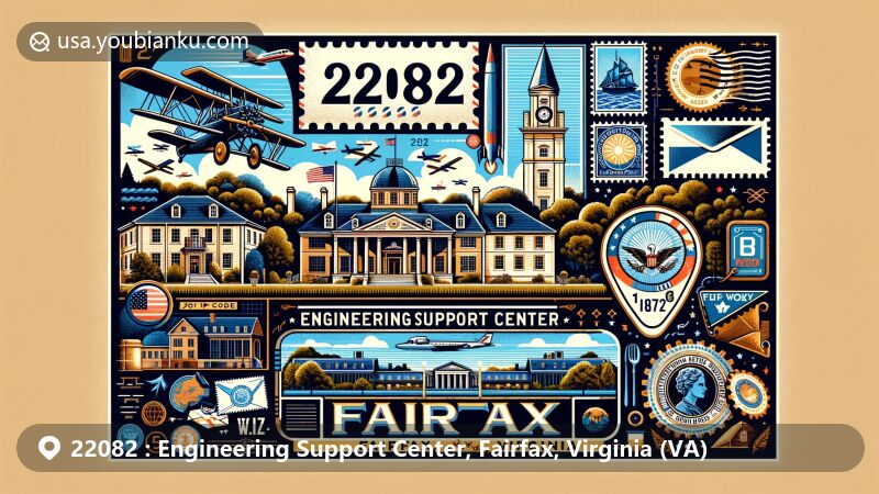 Modern illustration of Engineering Support Center, Fairfax, Virginia, highlighting historic landmarks like Blenheim estate and Old Town Hall, integrating postal elements with vintage air mail envelope, Virginia state flag stamp, and ZIP code 22082.