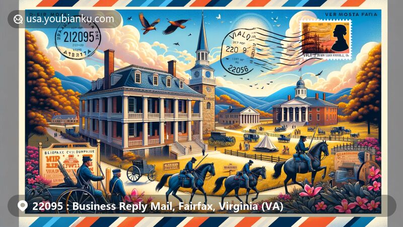 Modern illustration of ZIP code 22095 in Fairfax, Virginia, featuring iconic landmarks like Blenheim estate, Fairfax Courthouse, and historic Blenheim Civil War Encampment, set against the backdrop of Blue Ridge Mountains. Virginia symbols include the dogwood flower and cardinal.