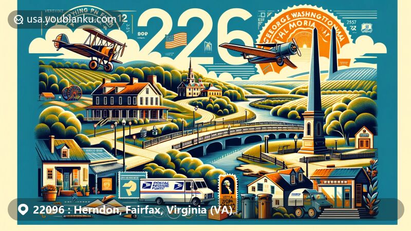 Modern illustration of ZIP Code 22096 (Herndon, Fairfax, Virginia) showcasing Frying Pan Farm Park and George Washington Memorial Parkway, representing Herndon's agricultural heritage and natural beauty, with vintage postal elements like air mail envelope, postage stamp, and postal truck.
