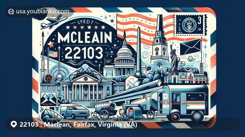 Modern illustration of McLean, Fairfax County, Virginia, illustrating ZIP code 22103 with air mail envelope background, featuring local landmarks, church, fort, and statue, reflecting rich history. Includes Virginia state flag, national symbols, stamp, postmark, mailbox, and mail van, emphasizing postal theme.