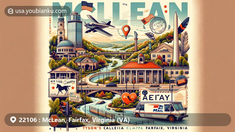 Modern illustration of McLean, Fairfax County, Virginia, showcasing postal theme with ZIP code 22106, featuring Tysons Galleria, Tysons Corner Center, Scott's Run, Pimmit Run Stream Valley Park, Potomac River, Fort Marcy Park, and Virginia state flag.
