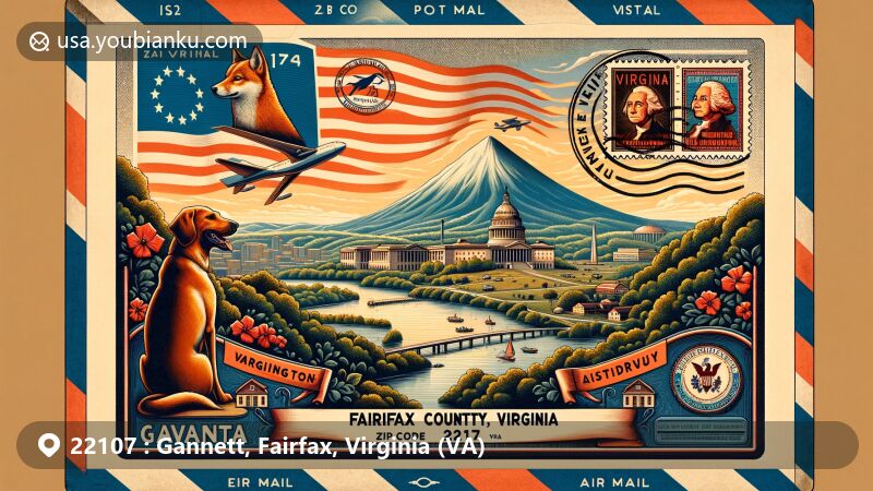 Vintage-style air mail envelope illustration of Gannett, Fairfax County, Virginia, highlighting Mount Vernon and ZIP Code 22107, featuring the Potomac River, Virginia state flag, Dogwood flower, American Foxhound, CIA headquarters, Fairfax County courthouse, George Washington's Distillery & Gristmill, Gunston Hall, and Dogwood border.