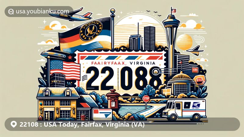 Contemporary illustration of Fairfax, Virginia, highlighting ZIP code 22108 and blending local and postal elements, featuring Virginia state flag, Fairfax County outline, and iconic landmarks in a postcard or airmail envelope design.