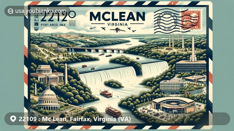 Modern illustration of McLean, Virginia, with ZIP code 22109, featuring Great Falls Park, the Potomac River, Scott's Run Nature Preserve, Fort Marcy Park, and Tysons Galleria, incorporating retro postal elements like a vintage airmail envelope and postmark.