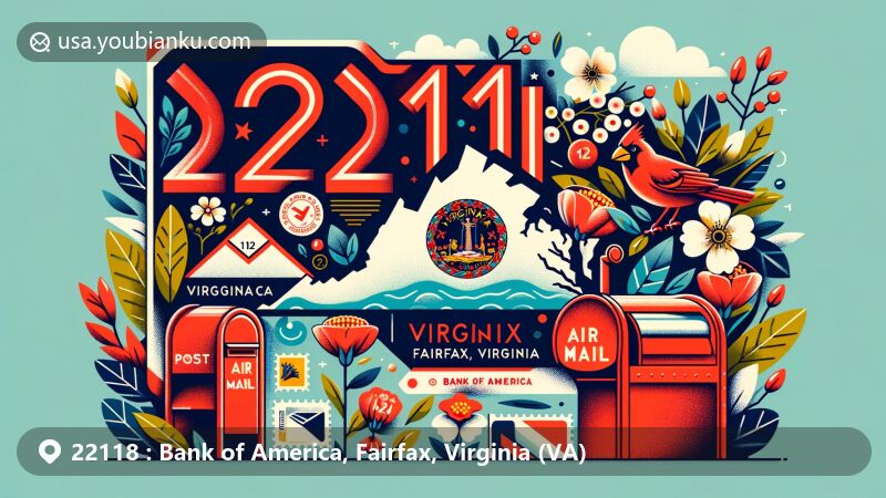 Modern illustration of Bank of America area in Fairfax, Virginia, highlighting ZIP code 22118 with Virginia state flag, Fairfax County outline, dogwood flowers, cardinal, vintage postcard, postmark, stamps, and red mailbox.