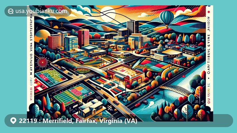 Modern illustration of Merrifield, Fairfax, Virginia, with a creative postcard design capturing the essence of the vibrant Mosaic District and diverse community, bounded by I-66, the Capital Beltway, Arlington Boulevard, and Nutley Street.