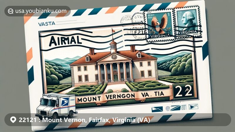 Modern illustration of airmail envelope with George Washington's Mount Vernon stamp, featuring Virginia state flag and USPS elements.