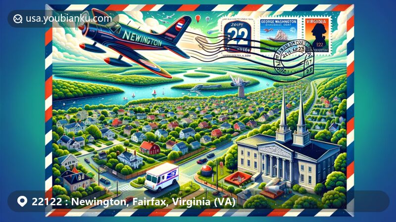 Modern illustration of Newington, Fairfax County, Virginia, featuring postal theme with ZIP code 22122, highlighting George Washington's Mount Vernon and lush Virginia landscape.