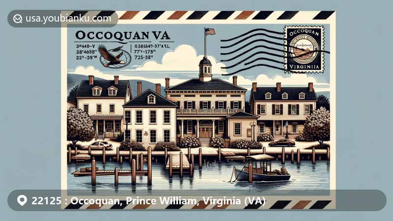 Modern illustration of Occoquan, Virginia, showcasing historic building from Occoquan Historic District in colonial revival and federal styles, symbolizing connection to Occoquan River with picturesque river view, vintage postcard design, postmark 'Occoquan, VA 22125', and town's coordinates.