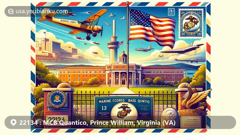 Modern illustration of Marine Corps Base Quantico in Virginia, featuring ZIP code 22134, emphasizing military and historical significance with Marine Corps flag, National Museum, and FBI Academy.