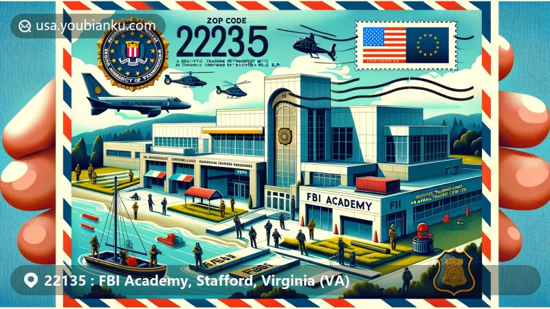 Modern illustration of FBI Academy in Stafford, Virginia, showcasing training facilities like firing range and Hogan's Alley, along with aquatic training center and Virginia state flag.