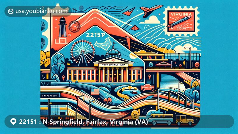 Modern illustration of North Springfield, Fairfax County, Virginia, representing ZIP code 22151, featuring Springfield Interchange, postal design with Virginia state flag, map of Fairfax County, and Sydenstricker School.