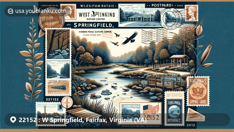 Modern illustration of West Springfield, Virginia, featuring Hidden Pond Nature Center with woodlands, trails, streams, and pond, showcasing tranquility and natural beauty. Includes symbols of Virginia, postal elements, and ZIP Code 22152.