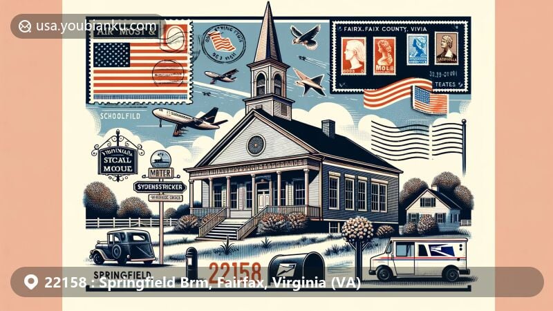Modern illustration of the historic Sydenstricker Schoolhouse in Springfield Brm, Fairfax County, Virginia, with postal elements like stamps, ZIP Code 22158, mailbox, and flags, blending regional and postal themes.