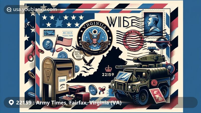 Modern illustration featuring Virginia state flag and Fairfax County outline, with airmail envelope showcasing ZIP Code 22159, military icons representing Army Times, and postal-themed elements.