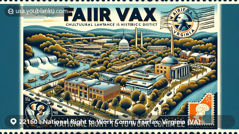 Modern illustration of the National Right to Work Committee area in Fairfax, Virginia, showcasing local landmarks like Woodlawn Cultural Landscape Historic District, Tysons Corner shopping center, and Wolf Trap concert venue. ZIP code 22160 displayed on a vintage postcard with Virginia state flag elements and natural scenery in the background.