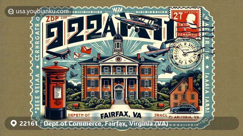 Modern illustration of Dept of Commerce, Fairfax, VA, showcasing ZIP code 22161, with elements like Blenheim estate and Old Town Hall, along with vintage postal features.