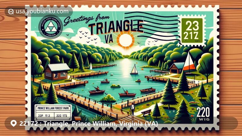 Modern illustration of Triangle, Prince William, Virginia, highlighting natural beauty with Prince William Forest Park and Locust Shade Park, incorporating postal theme with Marine Corps Base Quantico nod and ZIP code 22172.
