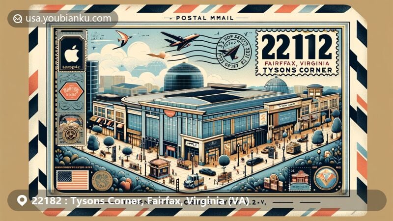 Modern illustration of Tysons Corner, Fairfax, Virginia (VA), featuring Tysons Corner Center mall and symbols of vibrant shopping and dining, with a postal theme highlighting ZIP Code 22182.