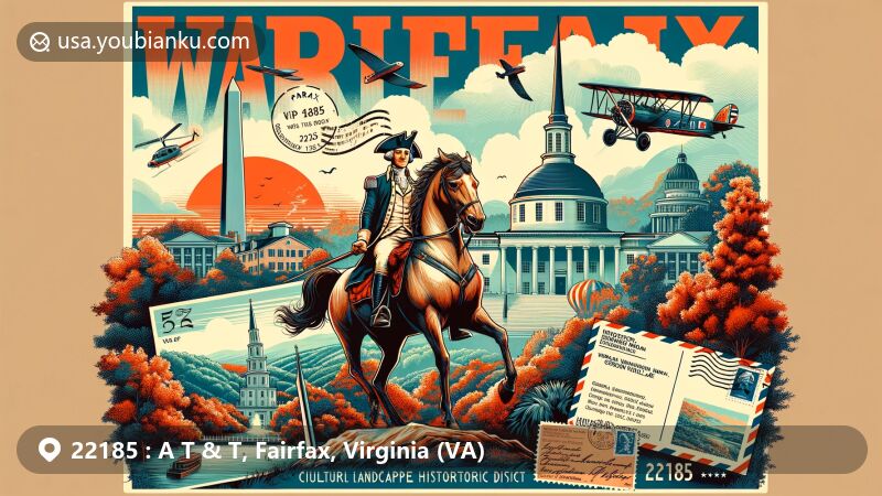 Modern illustration of Fairfax, Virginia, highlighting historical landmarks like Mount Vernon and Woodlawn Cultural Landscape Historic District, with postal elements and ZIP code 22185.