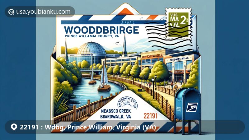 Modern illustration of airmail envelope featuring Neabsco Creek Boardwalk and Potomac Mills in Woodbridge, VA, with opened letter showing ZIP code 22191, classic American mailbox, and blend of urban and natural elements.