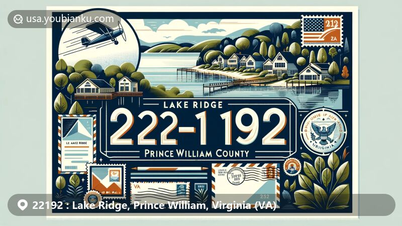 Modern illustration of Lake Ridge, Prince William County, Virginia, capturing the natural beauty with lush vegetation and water bodies, featuring postal theme elements like air mail envelope, postage stamps, and postmarks.