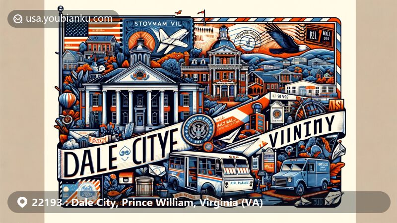 Modern illustration of Dale City, Prince William County, Virginia, featuring landmarks like Russell House and Store, neighborhoods ending in 'dale', and Potomac Mills Mall, integrating flag of Prince William County and ZIP code 22193.
