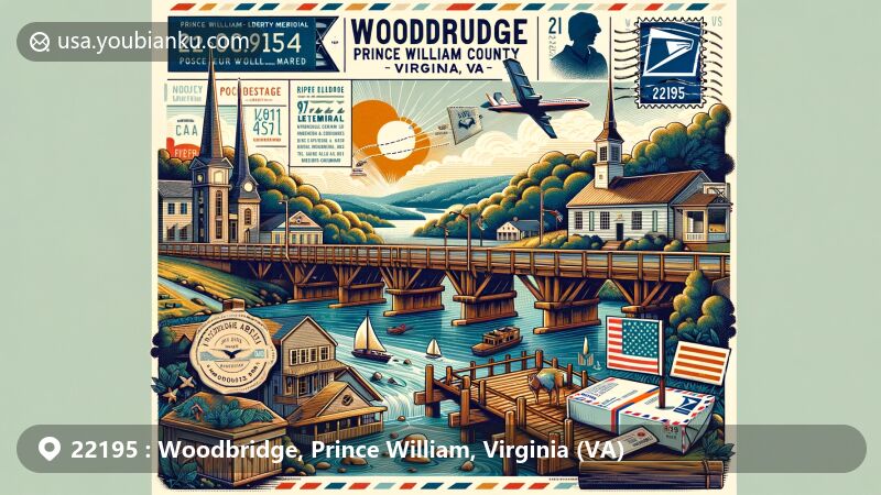 Modern illustration of Woodbridge, Prince William County, Virginia, showcasing postal theme with ZIP code 22195, featuring Prince William Area 911 Liberty Memorial, Rippon Lodge Historic Site, and original wooden toll bridge.