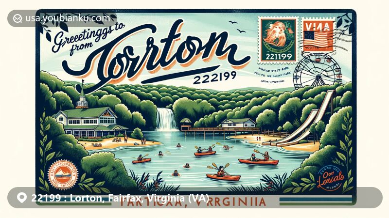 Wide-format illustration of Lorton, Fairfax, Virginia, representing ZIP code 22199. Vintage postcard design featuring Mason Neck State Park and Pirate's Cove Waterpark, with Virginia state flag stamp and 'Greetings from Lorton, Virginia' script.