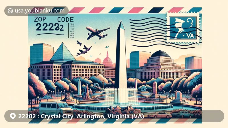 Modern illustration of Crystal City, Arlington, Virginia, featuring National 9/11 Pentagon Memorial, Virginia Highlands Park, US Marine Corps War Memorial, and Tomb of the Unknown Soldier, with postal theme of a postcard labeled 'Crystal City, VA 22202'.