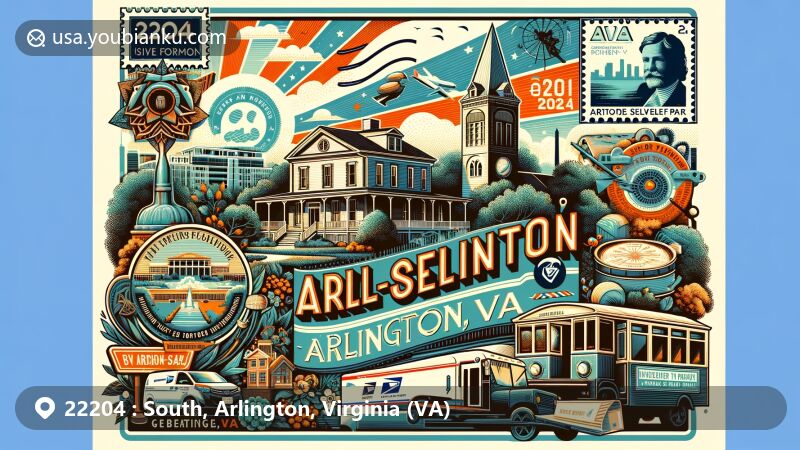Modern illustration of South Arlington, Arlington, Virginia, showcasing ZIP code 22204, featuring Ball-Sellers House, Dark Star Park, vintage air mail envelope background, and artistic representations of Arlington landmarks.
