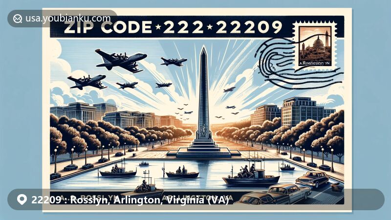 Modern illustration of Rosslyn, Arlington, Virginia, featuring U.S. Marine Corps War Memorial and city skyline. Postal theme with faux stamp of Theodore Roosevelt Island, showcasing ZIP code 22209.