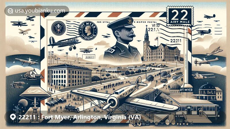 Modern illustration of Fort Myer, Arlington, Virginia, combining military heritage with postal elements, featuring airmail envelope and General Myer stamp.