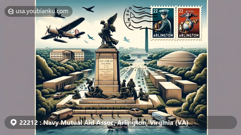 Modern illustration of Arlington, Virginia, celebrating ZIP code 22212, featuring Tomb of the Unknown Soldier, Arlington National Cemetery, U.S. Marine Corps War Memorial, and Pentagon Memorial.