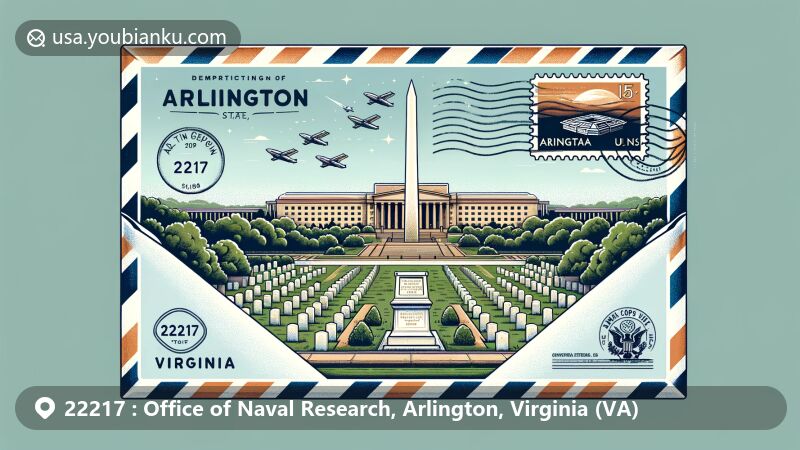 Modern illustration of Arlington National Cemetery, Virginia, in airmail envelope with Tomb of the Unknown Soldier, Pentagon, and Virginia state outline, featuring U.S. Marine Corps War Memorial and postal elements.