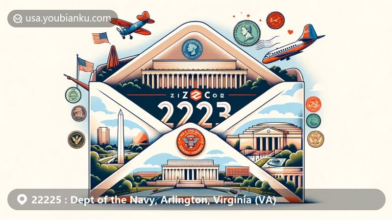 Modern illustration of Arlington, Virginia, highlighting ZIP code 22225 landmarks like Arlington National Cemetery, U.S. Marine Corps War Memorial, and Pentagon Memorial, creatively incorporated into an airmail envelope.
