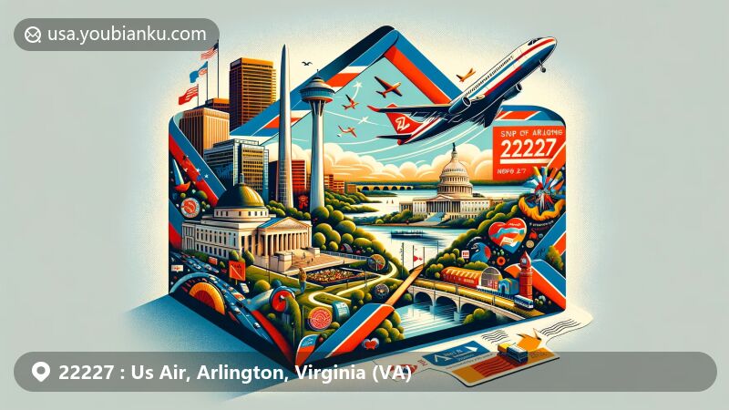 Modern illustration of Arlington, Virginia, with ZIP code 22227, featuring iconic landmarks like Theodore Roosevelt Island, DEA Museum, Scenes of Arlington mural, Gravelly Point Park, and Mount Vernon Trail.