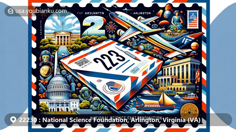Modern illustration of ZIP code 22230, National Science Foundation in Arlington, Virginia, featuring DEA Museum, Scenes of Arlington mural, Navy-Merchant Marine Memorial, and Theodore Roosevelt Island.