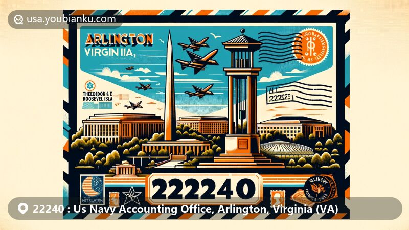 Modern illustration of the U.S. Navy Accounting Office area in Arlington, Virginia, showcasing key landmarks like the Netherlands Carillon, the Pentagon, and Theodore Roosevelt Island, representing Arlington's unique history and vibrancy.