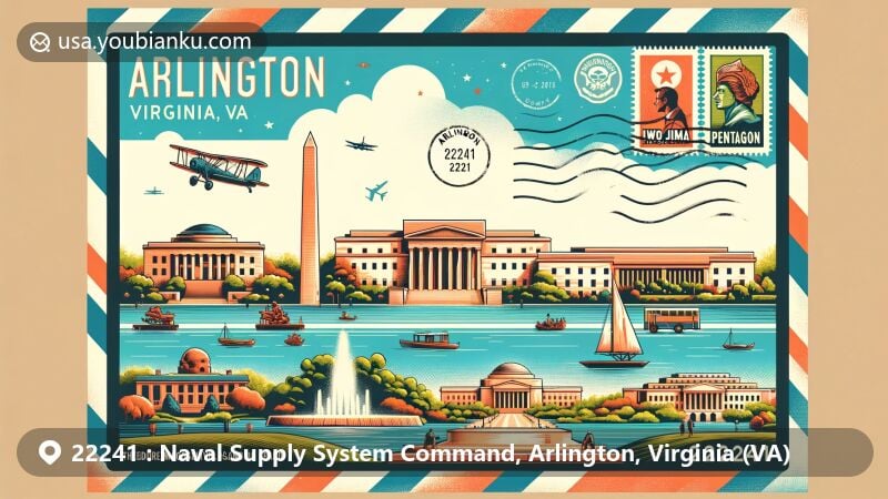 Modern illustration of iconic landmarks and cultural elements of Arlington, Virginia, featuring Arlington National Cemetery, Iwo Jima Memorial, the Pentagon, Theodore Roosevelt Island, and Gravelly Point Park, in a vibrant style with postal themes and '22241' ZIP code.