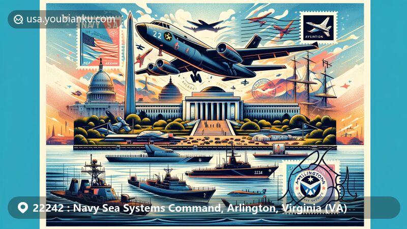 Modern illustration of NAVSEA headquarters in Arlington, Virginia, with aviation-themed envelope showcasing ZIP code 22242, Arlington National Cemetery, and Pentagon symbols.