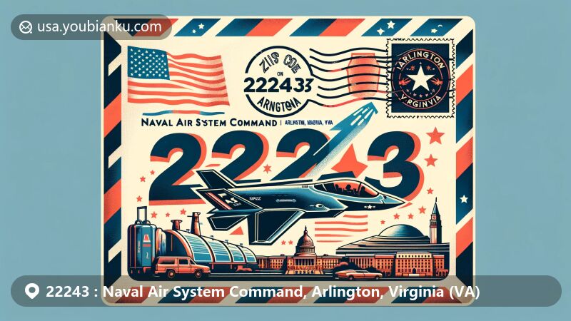 Modern illustration of ZIP code 22243, showcasing Naval Air System Command in Arlington, Virginia, with F-35 Lightning II jet and iconic landmarks, like the Pentagon, blending with Virginia state flag.