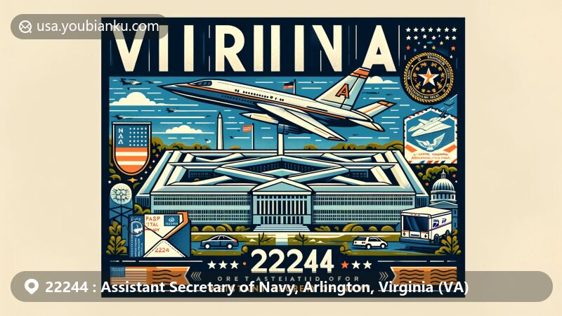 Modern illustrative depiction of Arlington, VA with ZIP Code 22244, combining local landmarks and postal elements including Virginia state flag and Pentagon, airmail elements like envelope and postage stamp, and postmark with ZIP Code 22244.
