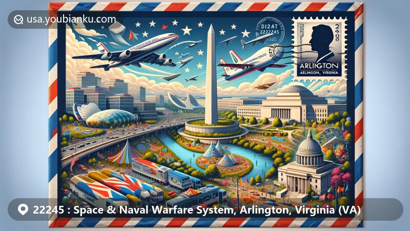 Creative illustration of Arlington, Virginia, featuring Space & Naval Warfare System on airmail envelope canvas, showcasing Air Force Memorial, Pentagon, DEA Museum, and Rosslyn Metro Station mural.
