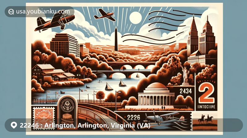 Creative illustration of Arlington, Virginia, zip code 22246, with iconic landmarks like Theodore Roosevelt Island, Gravelly Point Park, Mount Vernon Trail, Arlington National Cemetery, U.S. Marine Corps War Memorial, and Pentagon Memorial.