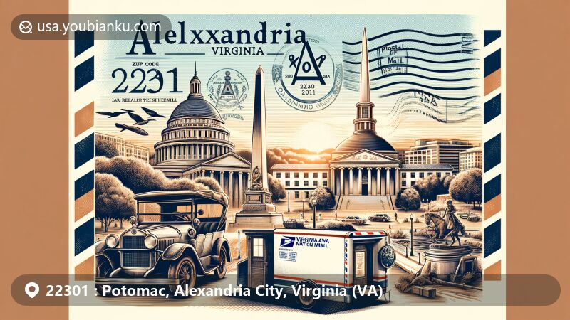 Modern illustration of Alexandria, Virginia, focusing on ZIP code 22301 area, merging historical landmarks and postal motifs, highlighting George Washington Masonic National Memorial and Virginia state flag.